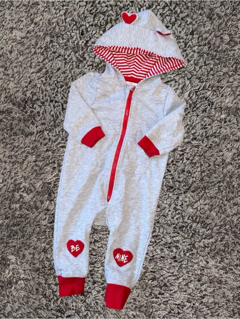 Gray & Red Hooded Baby One-Piece with Heart Details